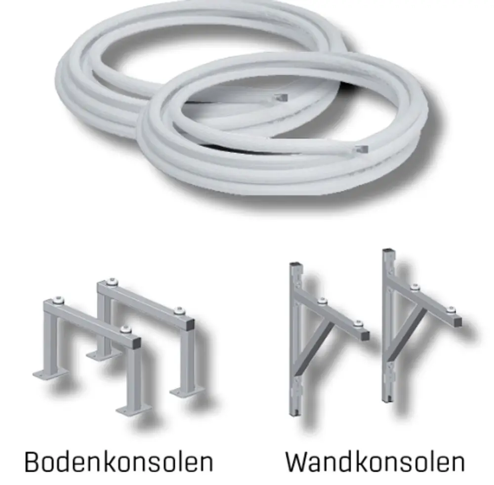Kältemittelleitung aus zwei Rollen sowie Bodenkonsole für Wand- und Bodenmontage, geeignet für Produkte der Marke Wolf.